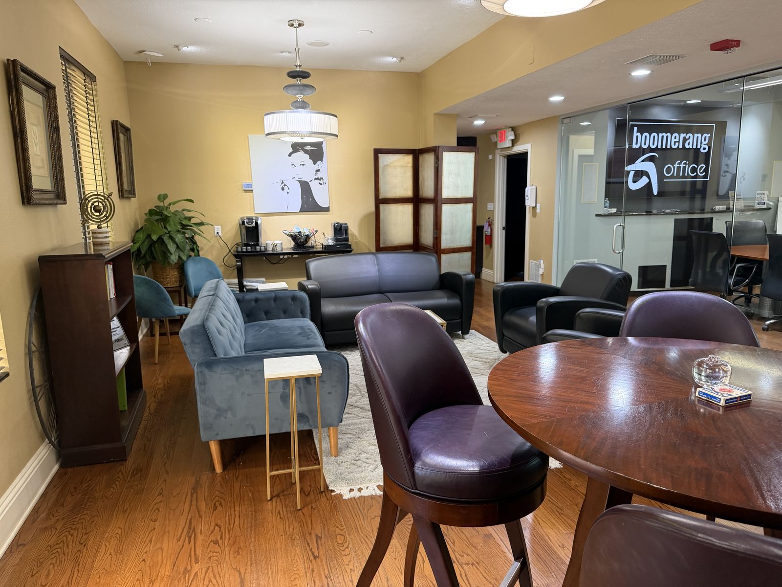Second-floor community lounge at BoomerangOffice in downtown Orlando